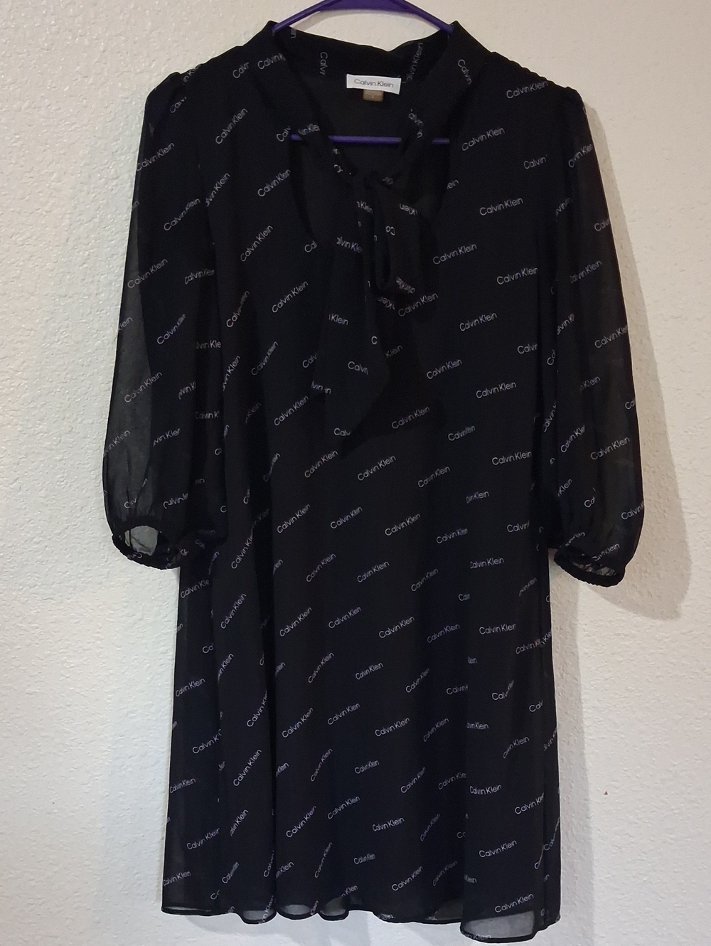 Calvin Klein Black Logo Tie-Neck Long Sleeve Dress
